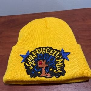 Hand crafted- never worn Yellow Beanie with Patch Design